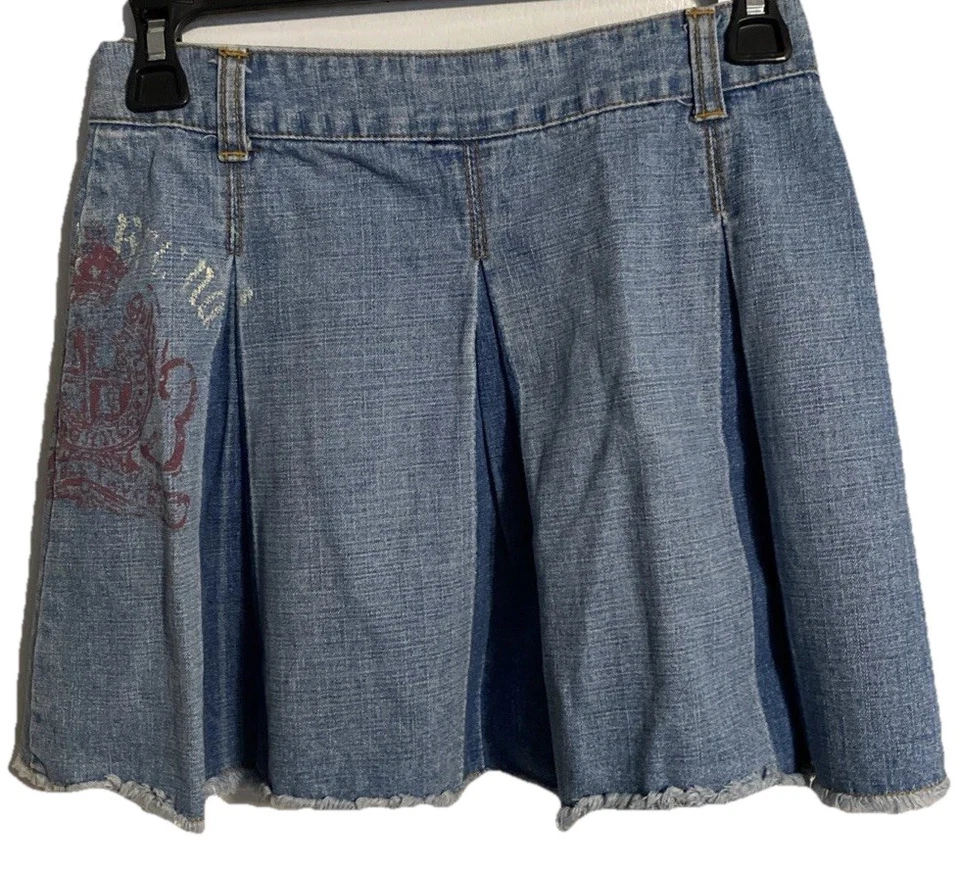 Jean Skirt Lucky Brand Graphic LB Vintage Pleats Size 12 Raw Hem Button Close - Image 2 of 4