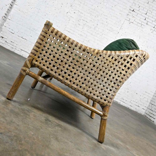 Late 20th Modern McGuire Rattan Woven Rawhide Green Chenille Cushion Sofa Settee - Picture 7 of 20