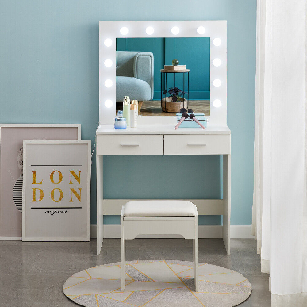 YOURLITE Dressing Table with LED Lights Mirror - White Vanity Makeup Table Set with Adjustable Brightness Mirror, Cushioned Stool and Free Make-up Organizer (White+Grey+Oval Mirror) 9 White Modern Dressing Table with LED Lights Mirror Vanity Make up Desk Stool Set