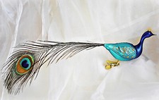 ❀ Pfau Glas Türkis Blau Lauscha Pfauenfeder Clip Feder Christbaumschmuck 97E
