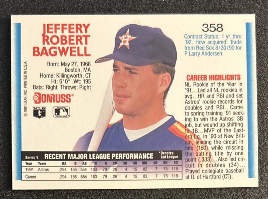 1992 Donruss Jeff Bagwell Baseball Rookie Card RC #358 Astros 1B EXMT O/C - Image 2 of 2