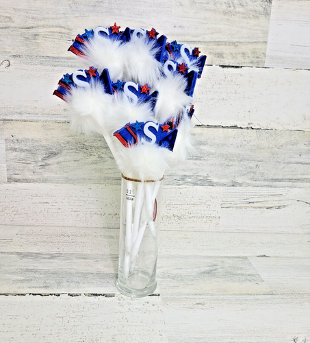 USA Ink Pens Red White Blue 4th Of July White Fuzzy Set of 14 Pens - Picture 2 of 11