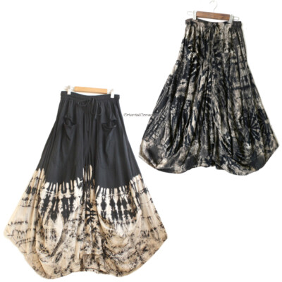 Chic Tie Dye 3D Draped Balloon Flare Skirt Black Goth Boho Peasant Hippie 
