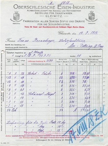Alte Rechnung,"OBERSCHLESISCHE EISEN-INDUSTRIE Gleiwitz" 19.07.1918