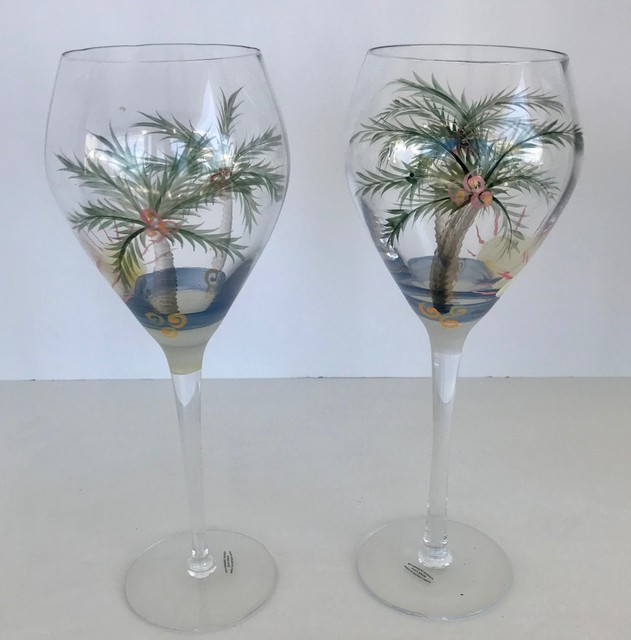 SET OF 2 HAND PAINTED PALM TREE WINE GLASSES BY FORDICE GLASS & MARK