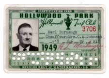 ID, Chauffeur, for Mrs. C.A. Johnson, horse racing, HOLLYWOOD PARK, CA 1949