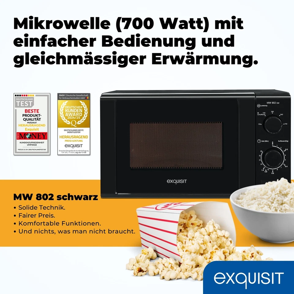 Exquisit Mikrowelle 20L, 700 Watt, 25,5cm Drehteller, Timer, MW 802 schwarz - Bild 2 von 4