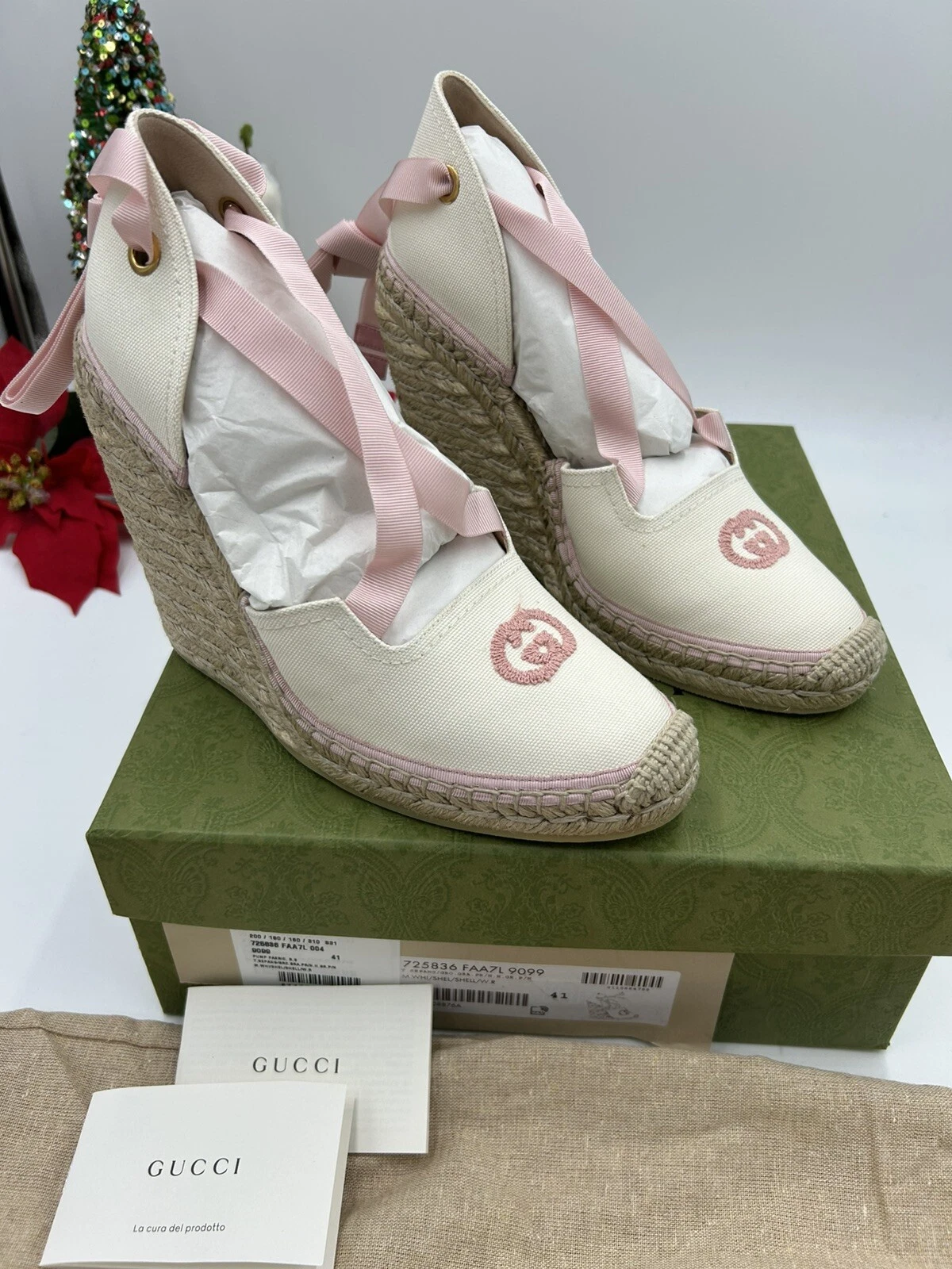 Espadrilles compensées femme Gucci blanc/rose taille 41 fabriquées en Espagne