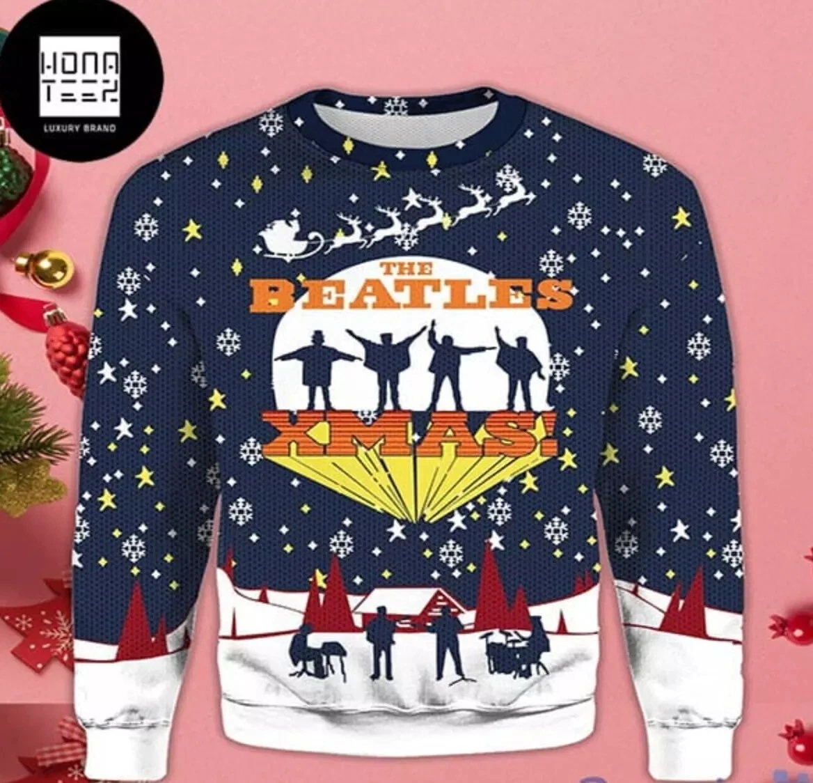 The Beatles Xmas Snow Blue Ugly Christmas Sweater