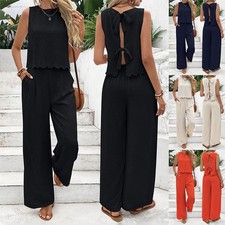 Ladies Co ord Set Backless Vest Tops+ Wide Leg Pocket Pants Tracksuit Outfits#
