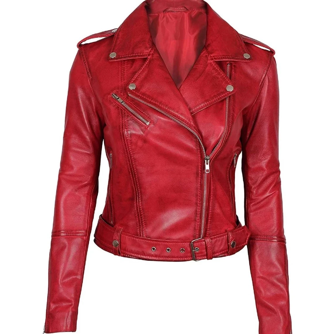 WOMENS VINTAGE DISTRESSED RED SHEEP LEATHER SLIM FIT BIKER JACKET SOFT LEATHER