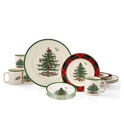 Christmas Tree 16-Piece Tartan Dinnerware Set (Service for