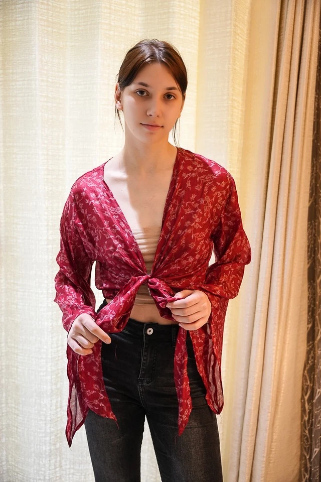 Wrap Top Pure Silk Tie Blouse Dress Girls Woman Y2k Boho crop Top PS PSW1710 - Image 2 of 4