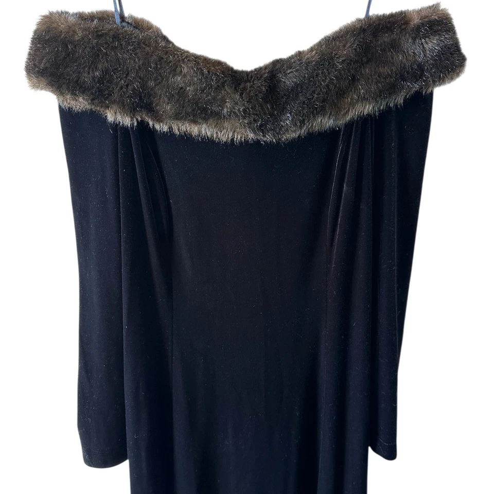 复古 EC America 黑色弹力天鹅绒人造毛皮露肩晚礼服 14 — 第 3/4 张图片