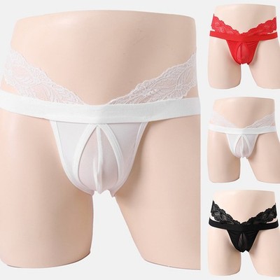 Satin Feel Lace Mesh Pouch Tangas for Men Low Rise Sheer Straps G String