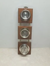 Vintage Springfield Wood 3 Gauge Weather Station Thermometor Barometer Humidity