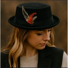 Vintage Black Wool Pork Pie Fedora Hat Bow Accent Feathered Men's Women's L/XL