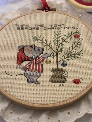 Christmas Cross Stitch Lot Of 2 Round Finished Projects Snowman Mouse Ornament