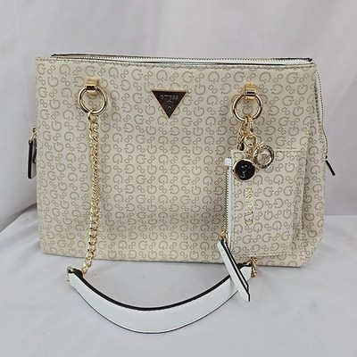 Guess Logo Handbag/Shoulder Bag Double Handle Gold Details Tan & White
