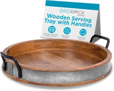 BIRDROCK HOME Large round Wooden Serving Tray with Handles & Iron Accents - roun