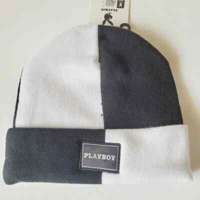 PLAYBOY Black White Checkered Beanie Hat One Size
