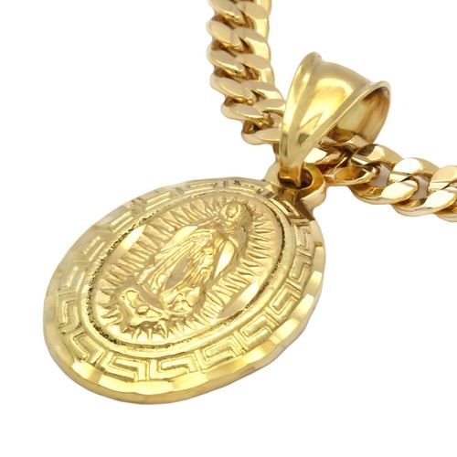 Mens 18k Gold Plated Mini Oval Guadalupe Pendant 5mm 24" Cuban Necklace Chain - Picture 2 of 7