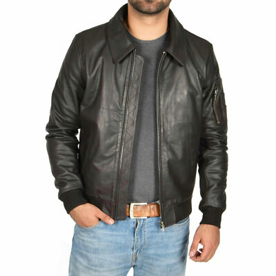 Men's Black Biker Leather Jacket Classic Motorcycle Spread Collar Lambskin Coat
