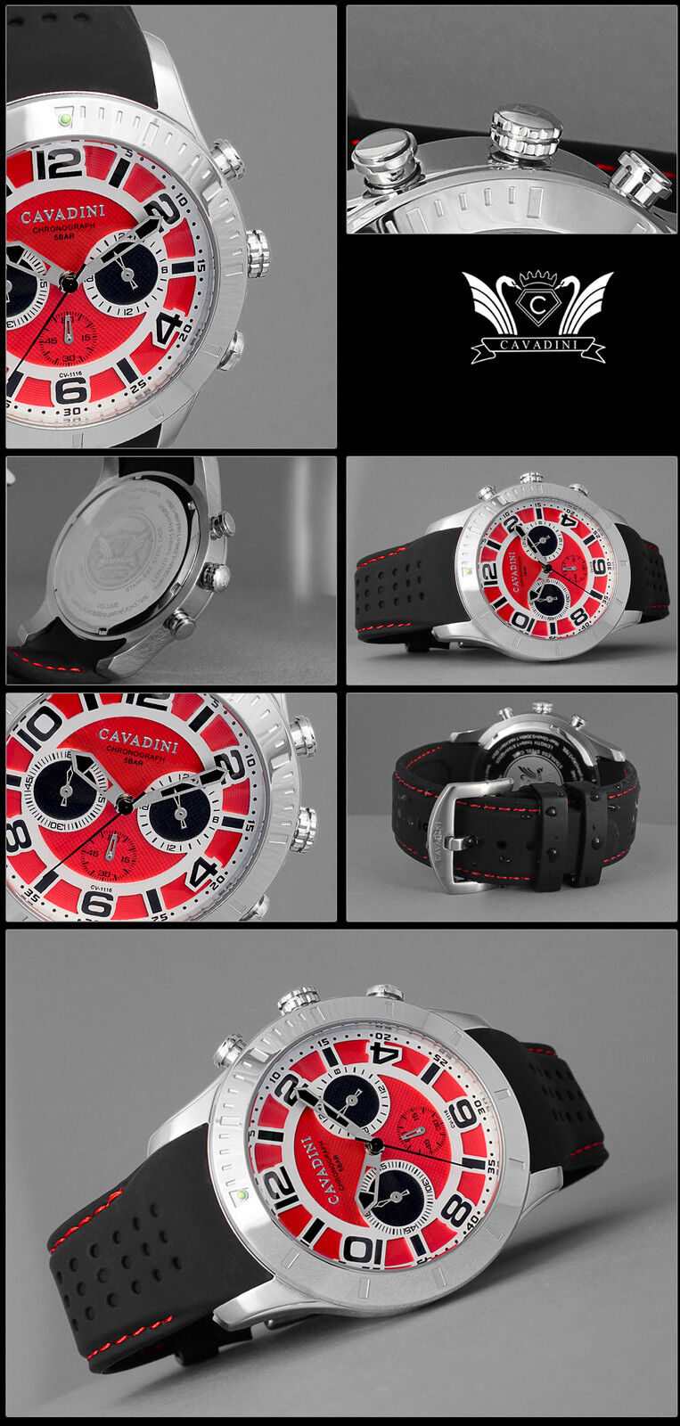 Mens Watch Chronograph Cavadini Sports Model RED Deep Ocean Stainless Steel Silicone Band