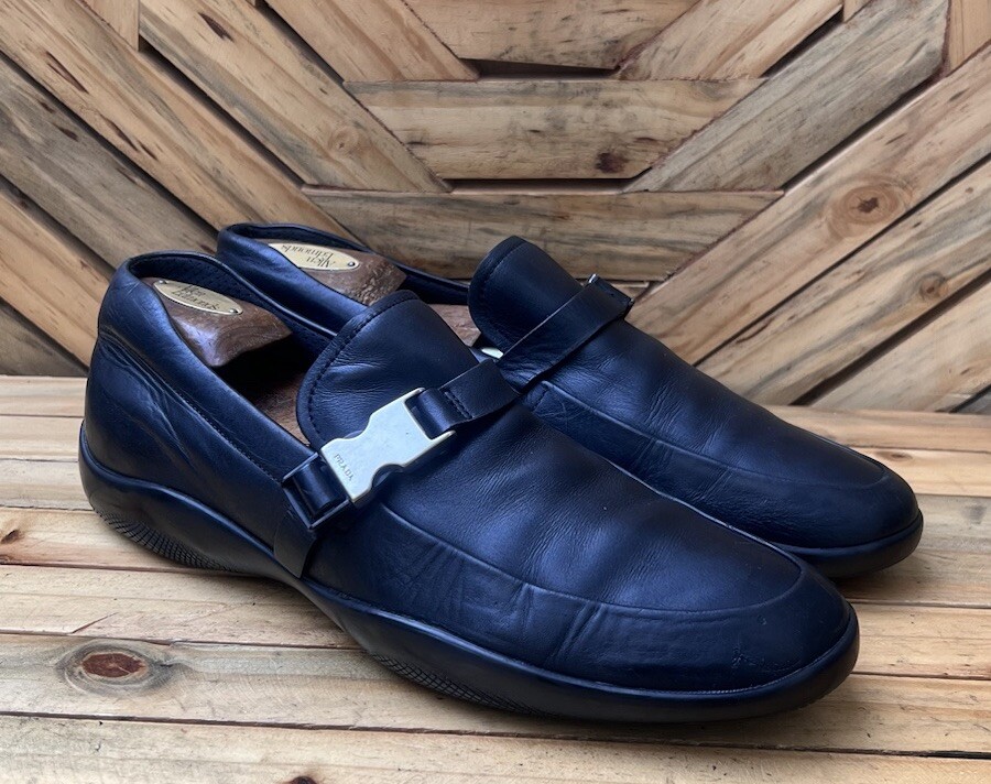Prada Leather Black Buckle Loafers Vibram Slip On Shoes