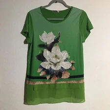 Green Floral Print Short Sleeve Blouse: XL *see measurements