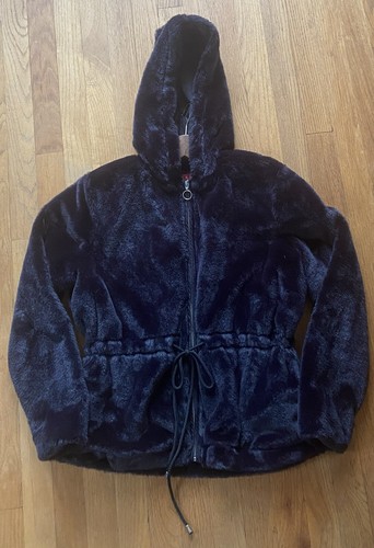 Kiss & Fly Women's Black Hoodie Faux Fur Zip Jacket Size M Lined Elastic Waist - Picture 8 of 10