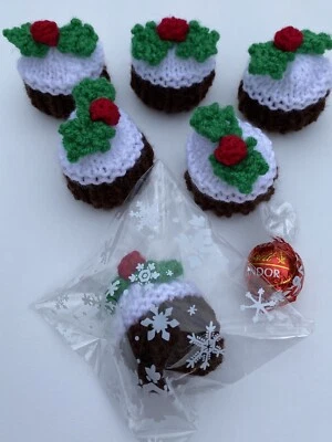 6 Hand Knitted Christmas Pudding Ferrero Rocher covers with Xmas gift bags