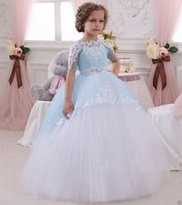Applique Lace 3/4 Sleeves Flower Girls Dress Party Brithday Tutu Communion Gowns
