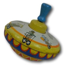 Vintage Ohio Art Spinning Top Toy, Litho Tin Circus Animal Train, Wooden Knob