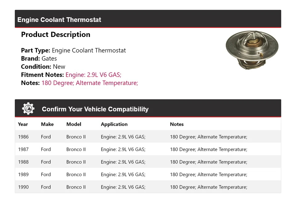 Portões termostato líquido refrigerante motor gasolina Ford Bronco II 2.9L V6 1987 para 1986-1990 - Imagem 2 de 4