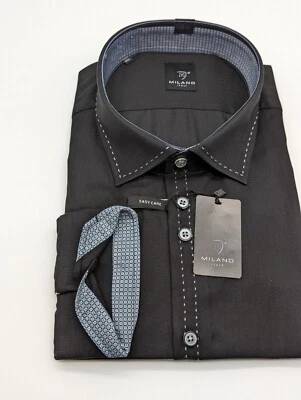 Milano Italy Hemd Langarm Kentkragen  Gr 3XL 48 MODERN FIT Kontrast Naht Schwarz - Bild 1 von 2