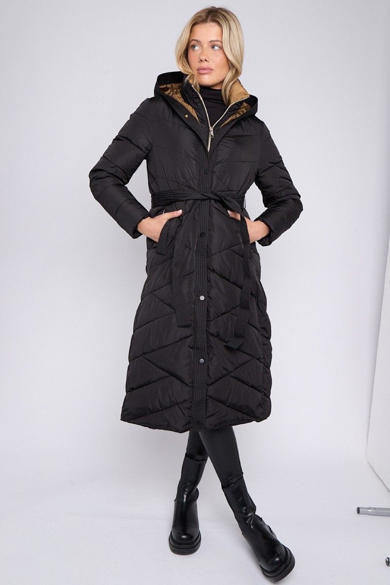 Long Puffer Women's Puffer Grey Coat With Belt And Fur Hood