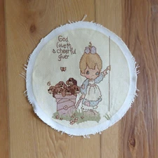 Precious Moments Completed Cross Stitch GOD LOVETH A CHEERFUL GIVER Unframed 9"