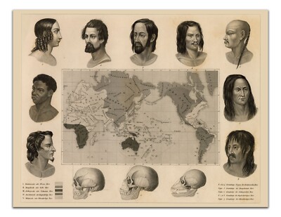 Antique Map ANTHROPOLOGY 1851 Varieties Of Mankind 17x22'' Vintage Poster Reprint