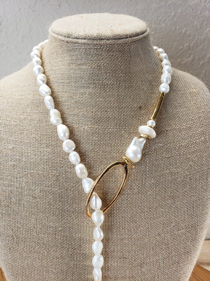 Colar Lariat folheado a ouro pérola barroca Valetti Espanha - Imagem 3 de 4