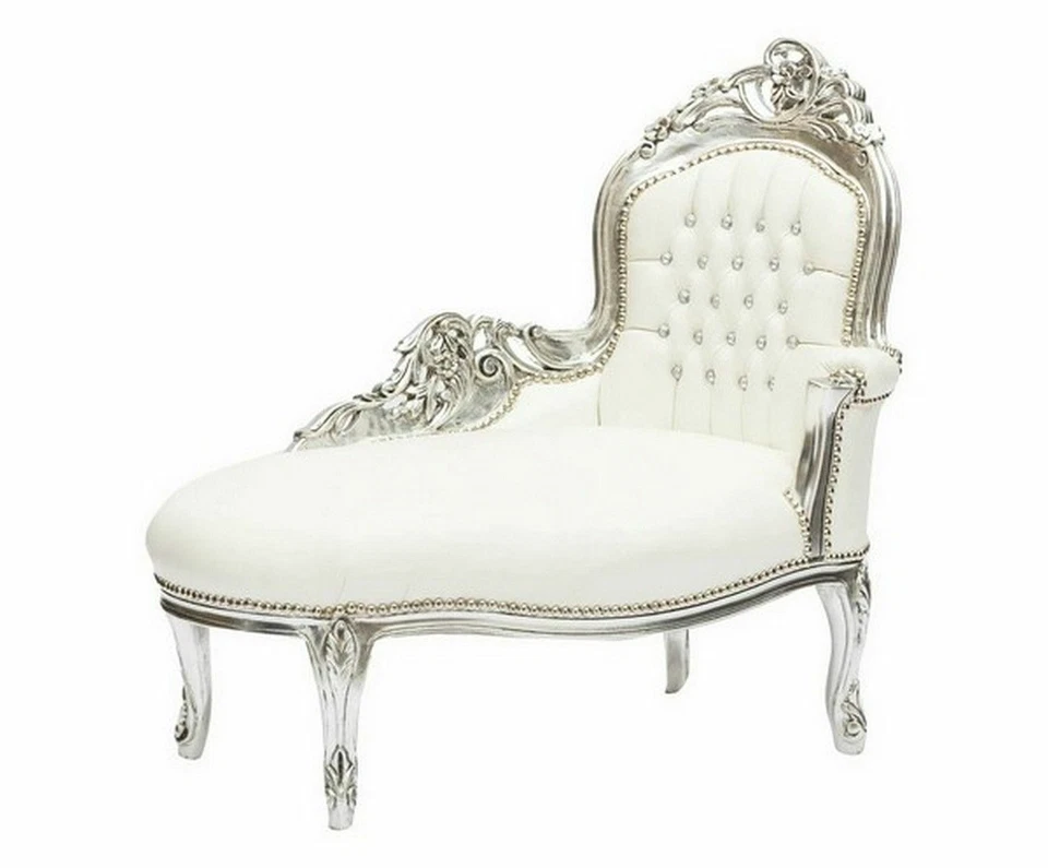 Chaise longue Dormeuse en Bois, Argent Feuille, Éco Cuir Blanc - Photo 1/4