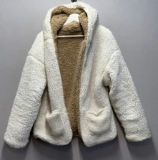 Love Tree Women’s Sherpa Reversible Hooded Open Cardigan Jacket White/Beige Sz M