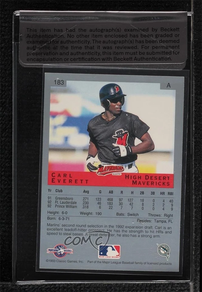 BAS 1993 Classic Best Minor League Carl Everett #183 Seal of Authenticity Auto - Image 2 of 2