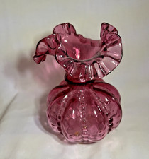 Beautiful Fenton Ruffled Cranberry Vase, Ribbon like sides, Ruffled Top. 5 1/2  