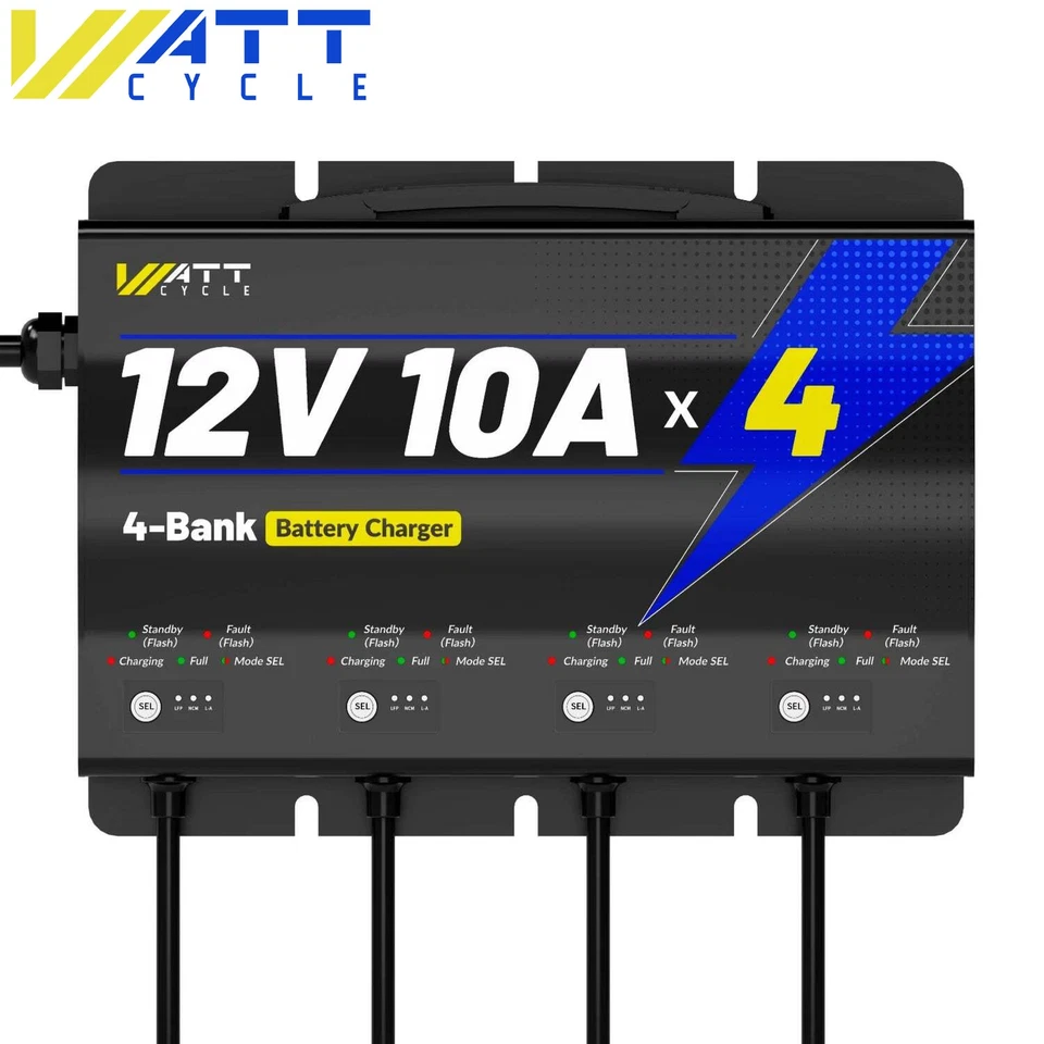 WattCycle 12V 10A 4 Bank LiFePO4 Battery Smart Charger LED For Lithium Battery