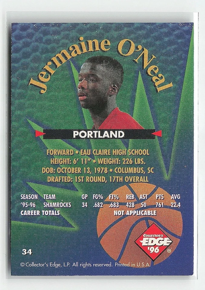 1996 Collector's Edge 篮球新秀 Rage Jermaine O'Neal #34 — 第 2/2 张图片