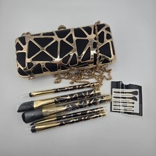 Sephora Black And Gold Geometric Design Hard Clutch With New Makeup Brushes