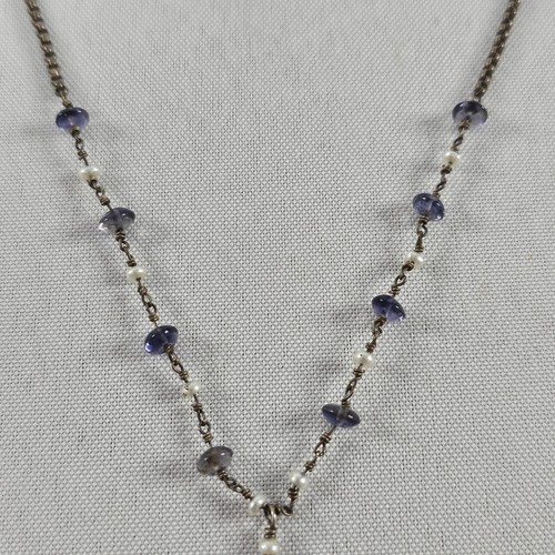 Vintage 925 Sterling Silver Pendant Necklace w/ Purple & Faux Pearl Beads READ⬇ - Picture 2 of 9