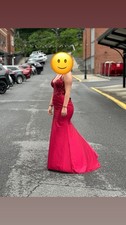 Red Beaded Sleeveless Long Gown with Side Slit, V-Neck, Strappy Sleeves