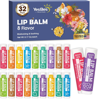 32 Pack Natural Lip Balm with Vitamin E & Coconut Oil   8 Flavors Moisturizing